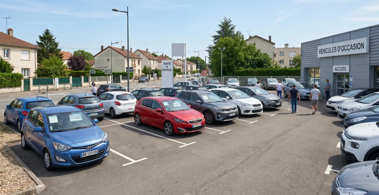 Parking de concession automobile française avec plusieurs voitures compactes sportives exposées en plein jour
