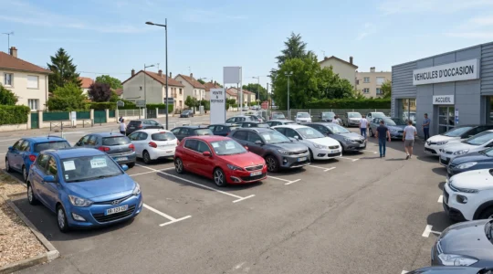 Parking de concession automobile française avec plusieurs voitures compactes sportives exposées en plein jour