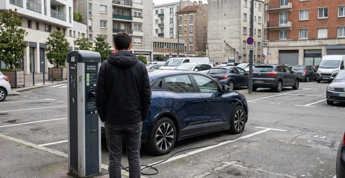 Personne de dos observant une borne de recharge électrique dans un parking urbain français moderne